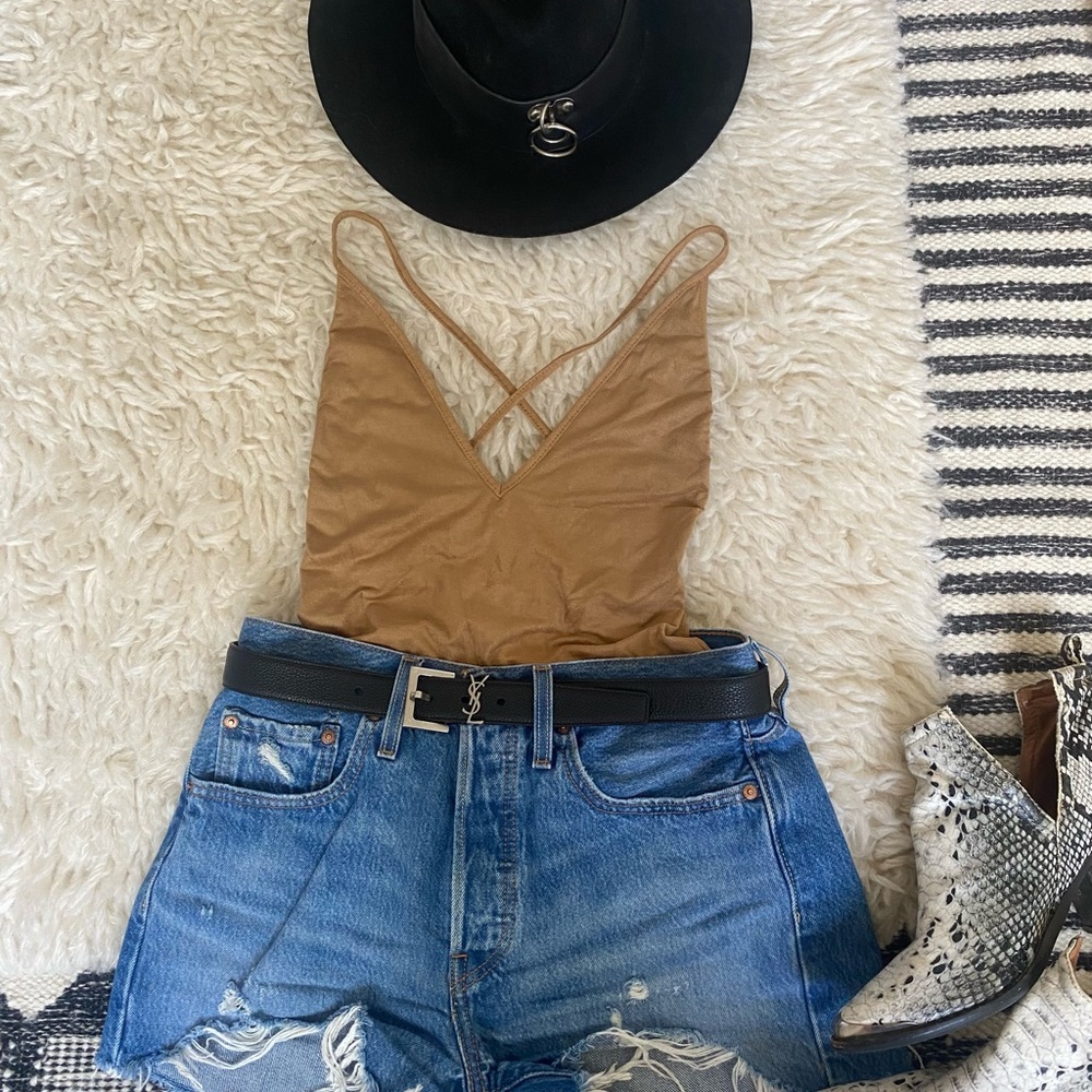- Planet Blue tan suede bodysuit